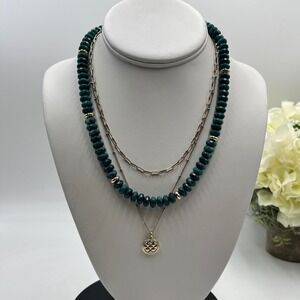 J. Crew Triple Strand Teal Beaded Gold Chain Disc Layered Paperclip Necklace